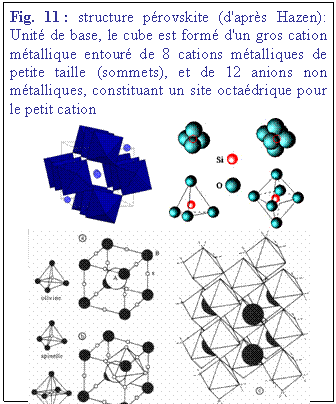 Zone de Texte: Fig. 11 : structure provskite (d'aprs Hazen): Unit de base, le cube est form d'un gros cation mtallique entour de 8 cations mtalliques de petite taille (sommets), et de 12 anions non mtalliques, constituant un site octadrique pour le petit cation
    
 
