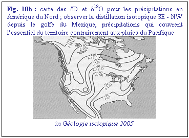 Zone de Texte: Fig. 10b : carte des dD et d18O pour les prcipitations en Amrique du Nord ; observer la distillation isotopique SE - NW depuis le golfe du Mexique, prcipitations qui couvrent lessentiel du territoire contrairement aux pluies du Pacifique
 
in Gologie isotopique 2005
