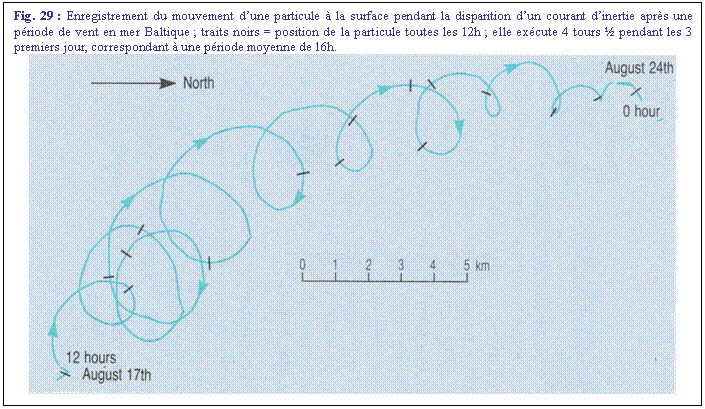 Zone de Texte: Fig. 29 : Enregistrement du mouvement dune particule  la surface pendant la disparition dun courant dinertie aprs une priode de vent en mer Baltique ; traits noirs = position de la particule toutes les 12h ; elle excute 4 tours  pendant les 3 premiers jour, correspondant  une priode moyenne de 16h. 
 
