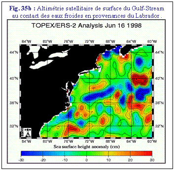 Zone de Texte: Fig. 35b : Altimtrie satellitaire de surface du Gulf-Stream au contact des eaux froides en provenances du Labrador .
 
